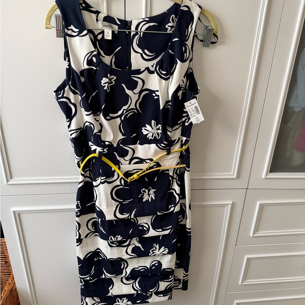 NWT Dress Barn Navy and White Floral Midi Dress with Yellow Belt!